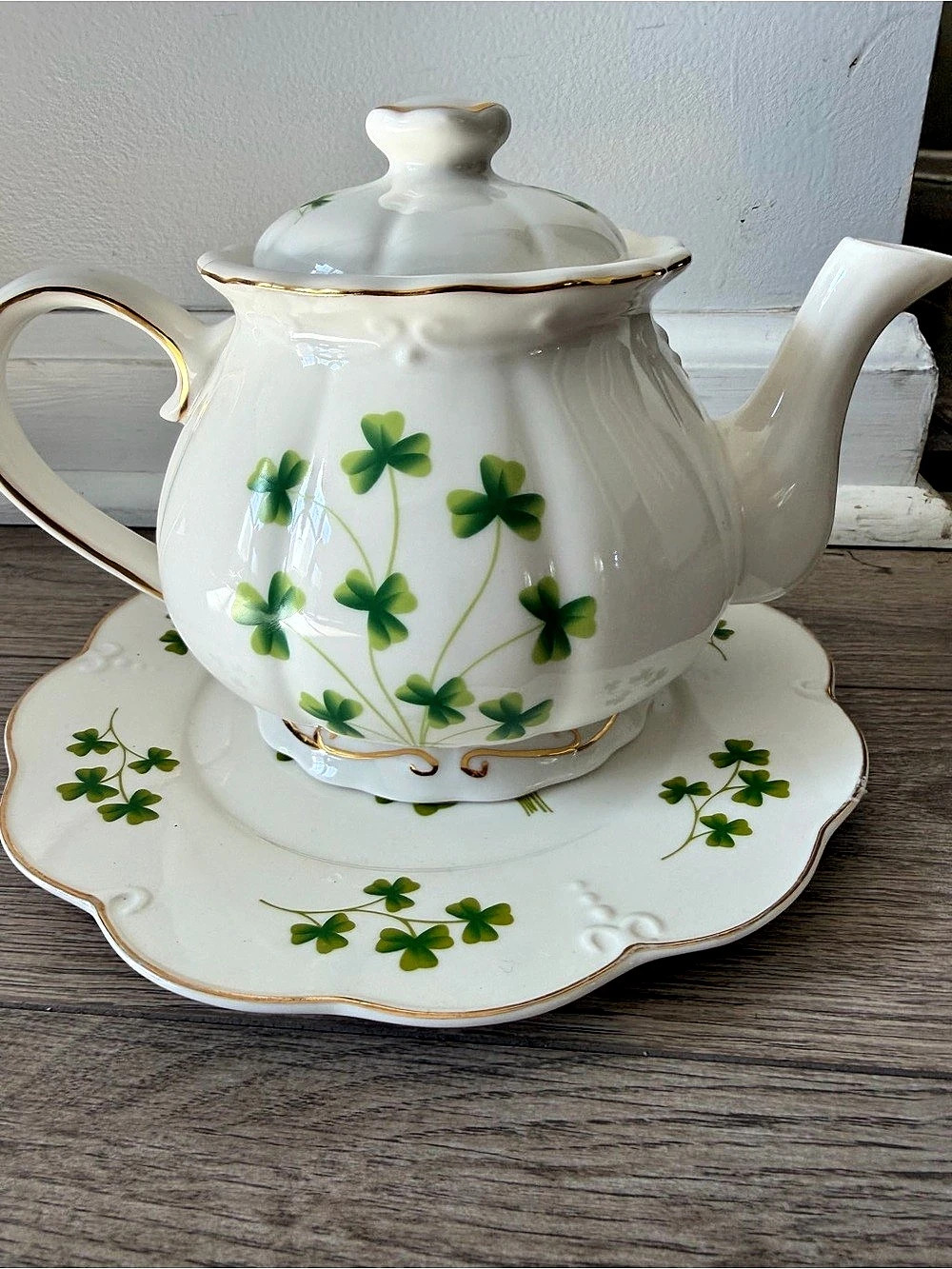 Floral Teapot & Saucer in White & Green